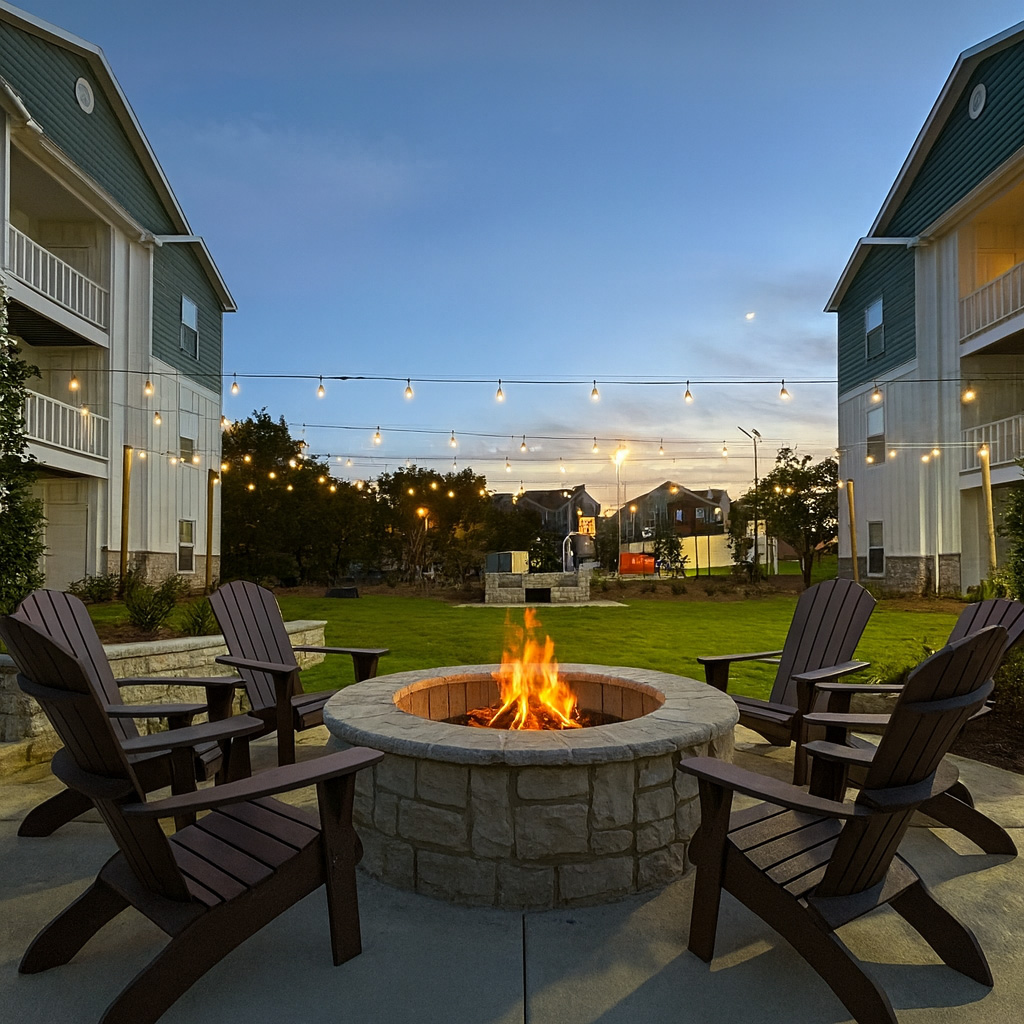 shared court yard with fire pit string lights and grilling area.