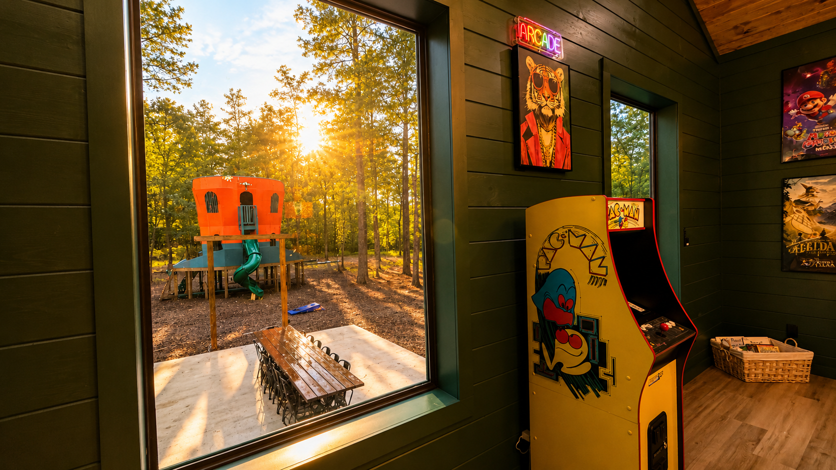 Game Room: Enjoy retro fun with arcade games and a stunning view of the outdoor play area!