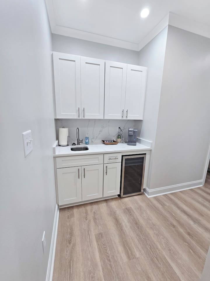 Wine fridge and coffee bar upstairs