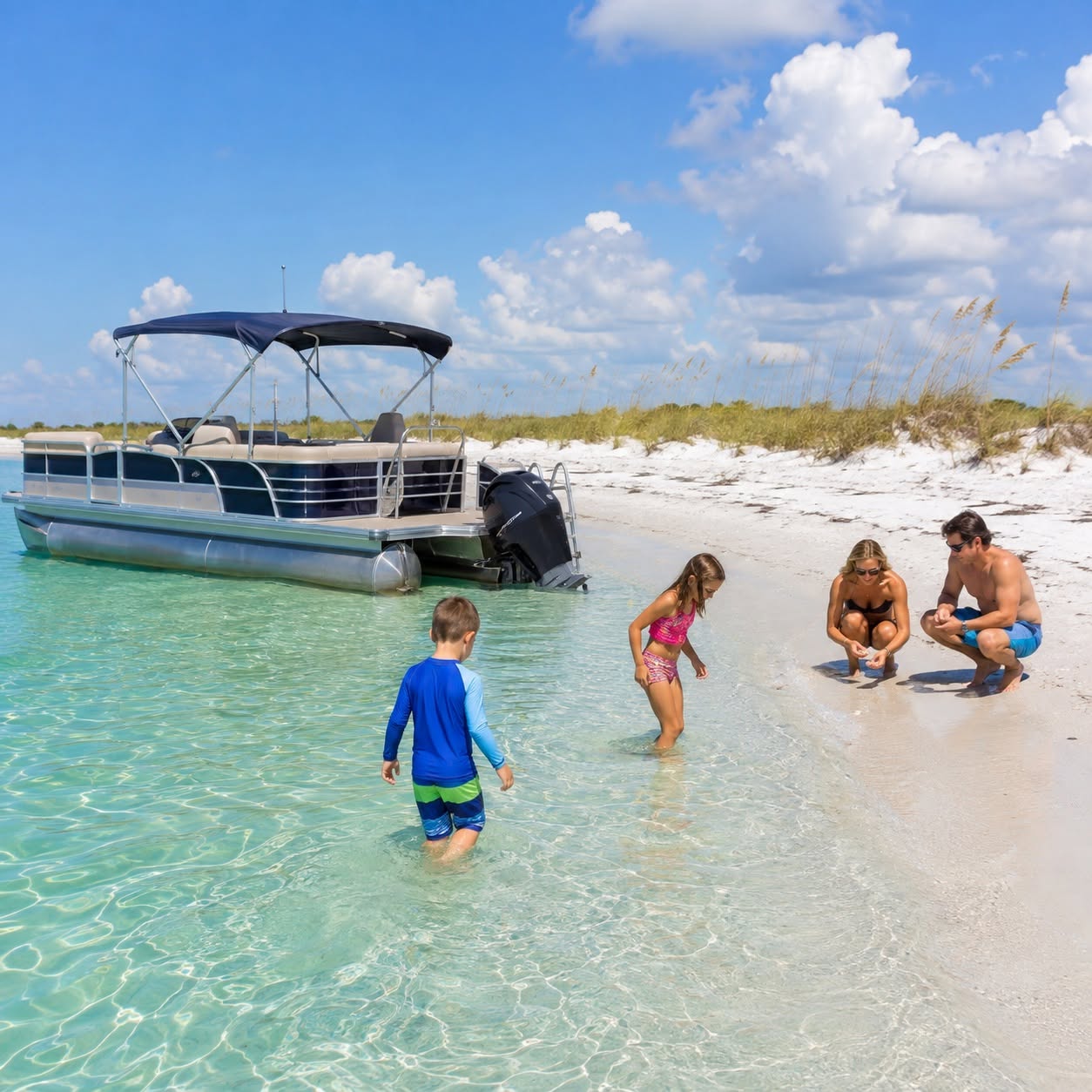 AI-created Shell Island pontoon-day illustration. Independent local boat rentals and tours are booked separately and are not included with the home.