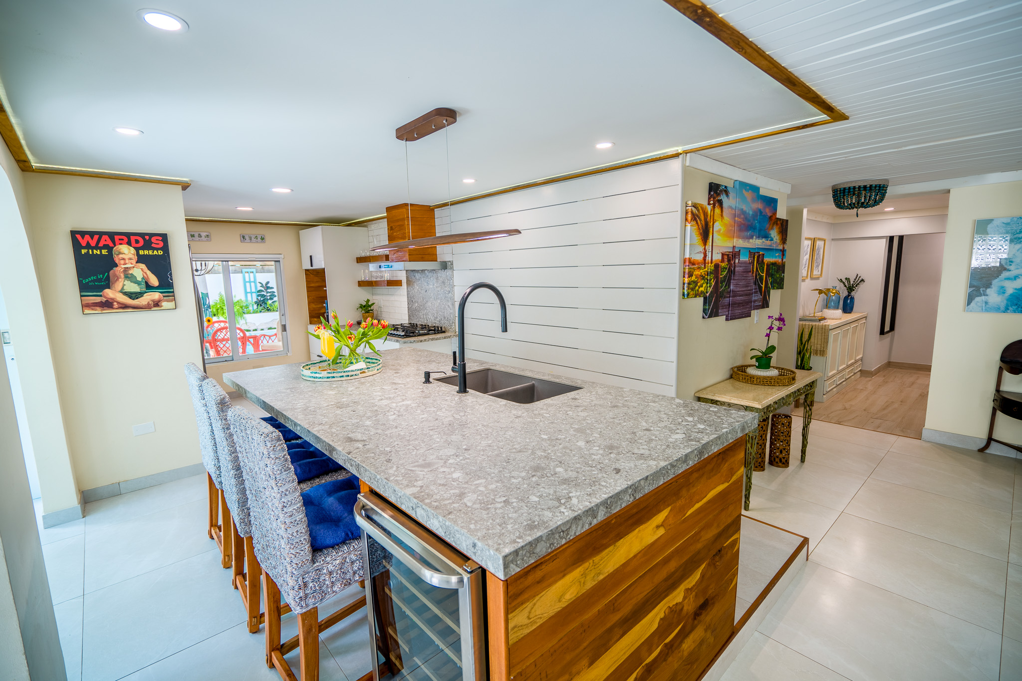 This is a view of the wine cooler built into the Island which is perfectly situated close to the dinning room table in Dorado, Puerto Rico.
