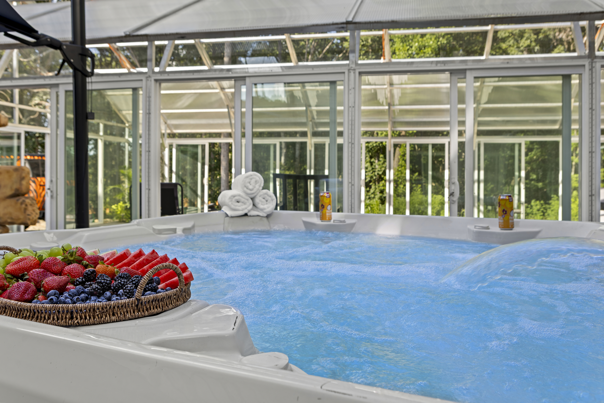 Relaxation Oasis: Unwind in the sparkling hot tub with delightful views and fresh fruit treats!