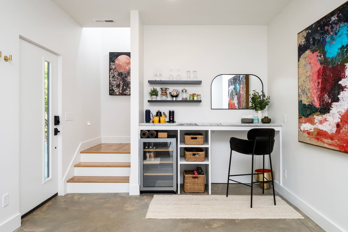 Downstairs coffee, wine, and workstation