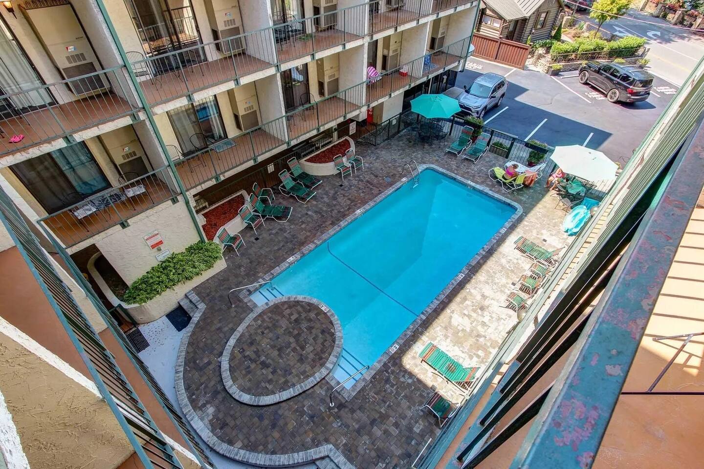 Outdoor pool view from balcony