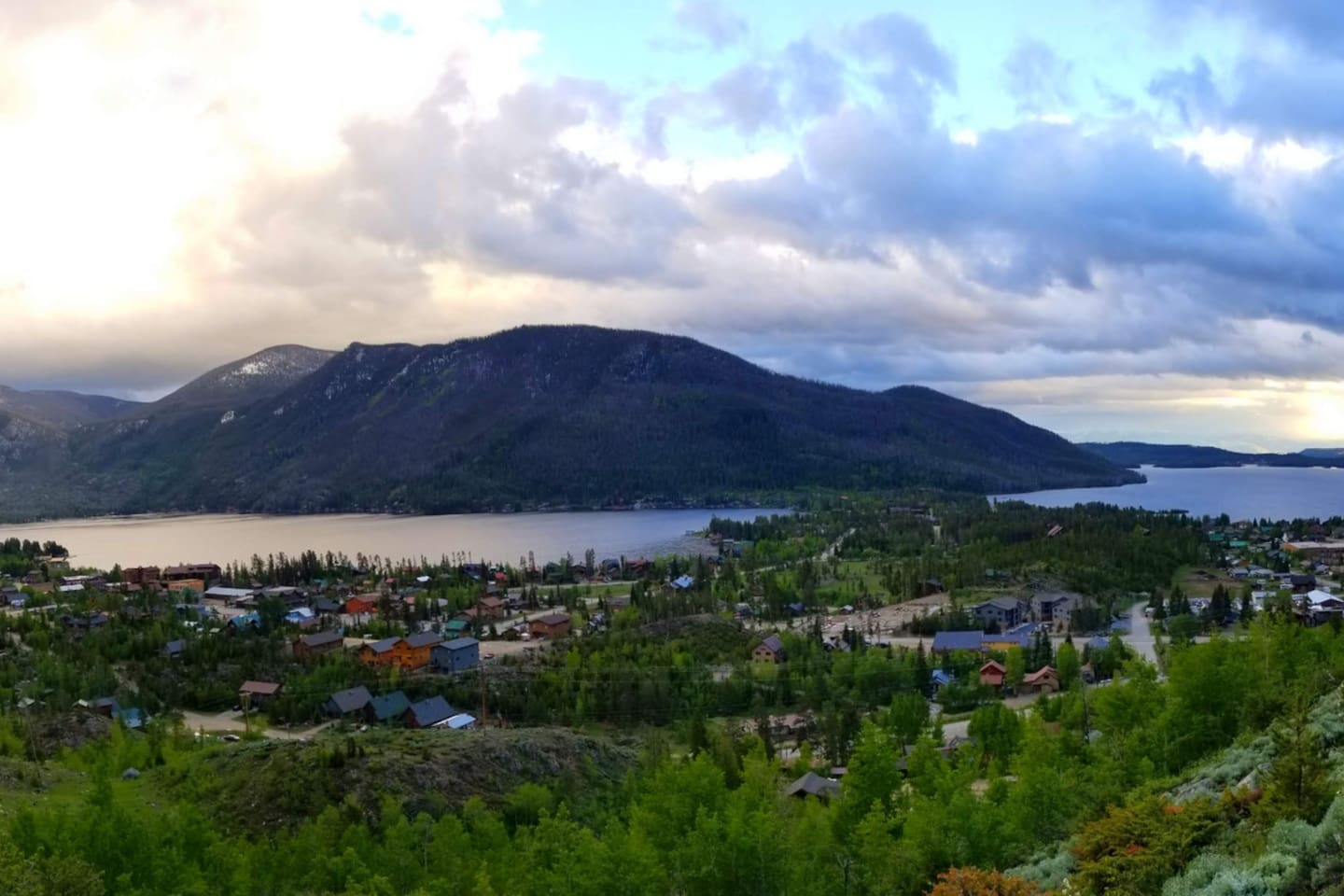 The view of the town of Grand Lake and both Grand Lake and Shadow Mountain Lake