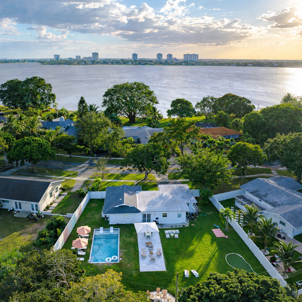 Private Palm Beach backyard with heated saltwater pool, fire pit, mini golf putting green, and outdoor lounge seating.