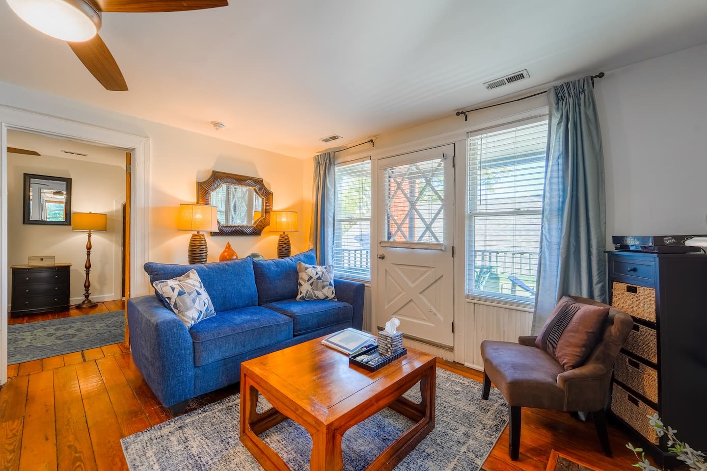 This warm room offers a remote control for the new ceiling fan and light. There are games and books for all ages as well.
