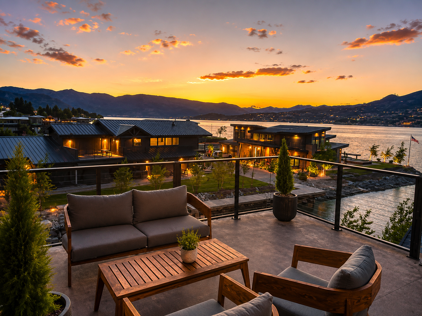 Rooftop deck with lounge seating, fire table and dining table