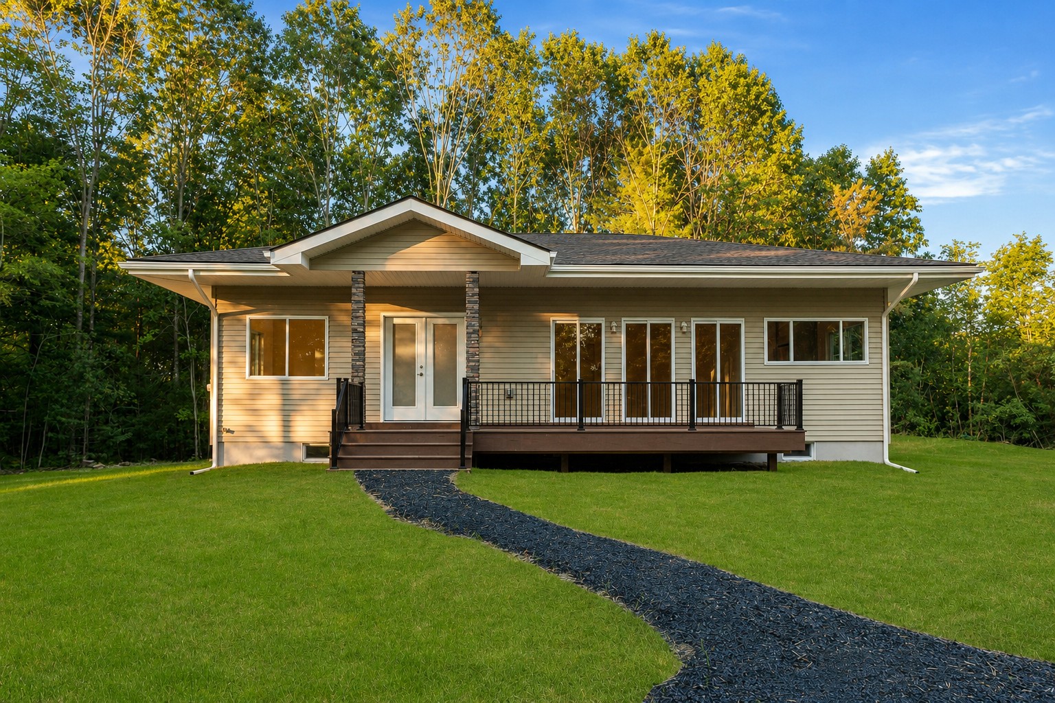 Ranch-style retreat in the Huguenot woods, with a stone-column entry and a railed front deck