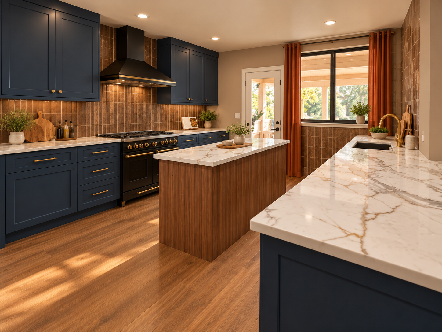 {Chef’s Kitchen} Cook, gather, and entertain in Firebird’s chef’s kitchen, featuring black stainless and brass appliances, a 6-foot refrigerator, 48-inch range, beverage fridge, dishwasher, and drawer microwave.