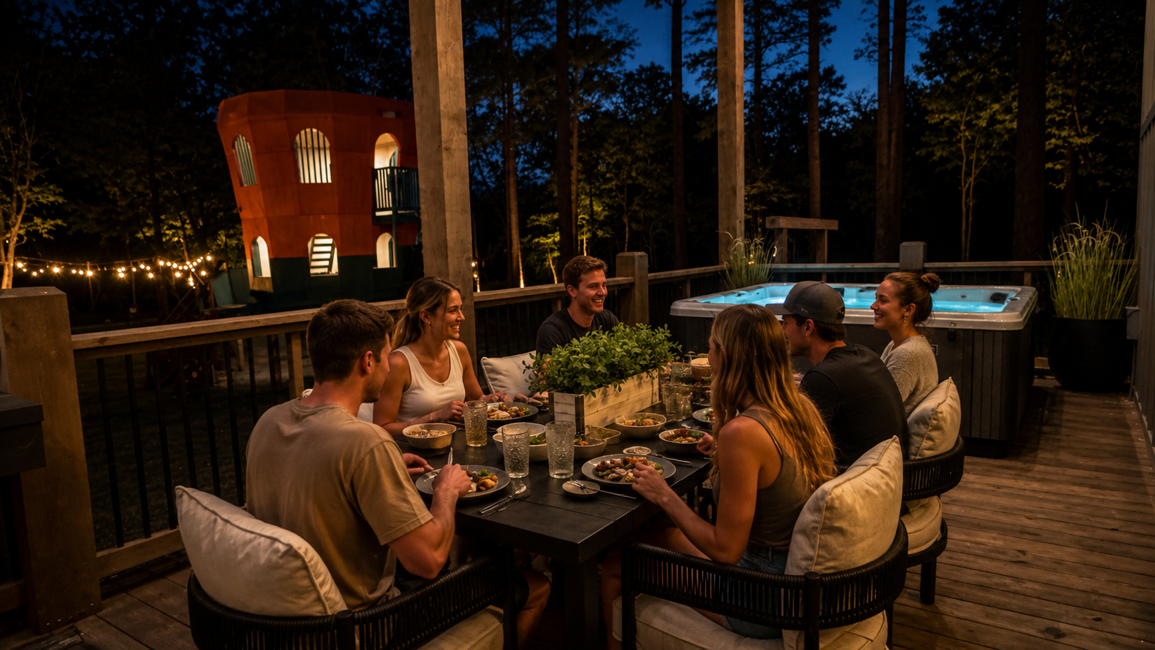 Outdoor Dining Oasis: Savor meals under the stars with a hot tub and playful treehouse nearby!