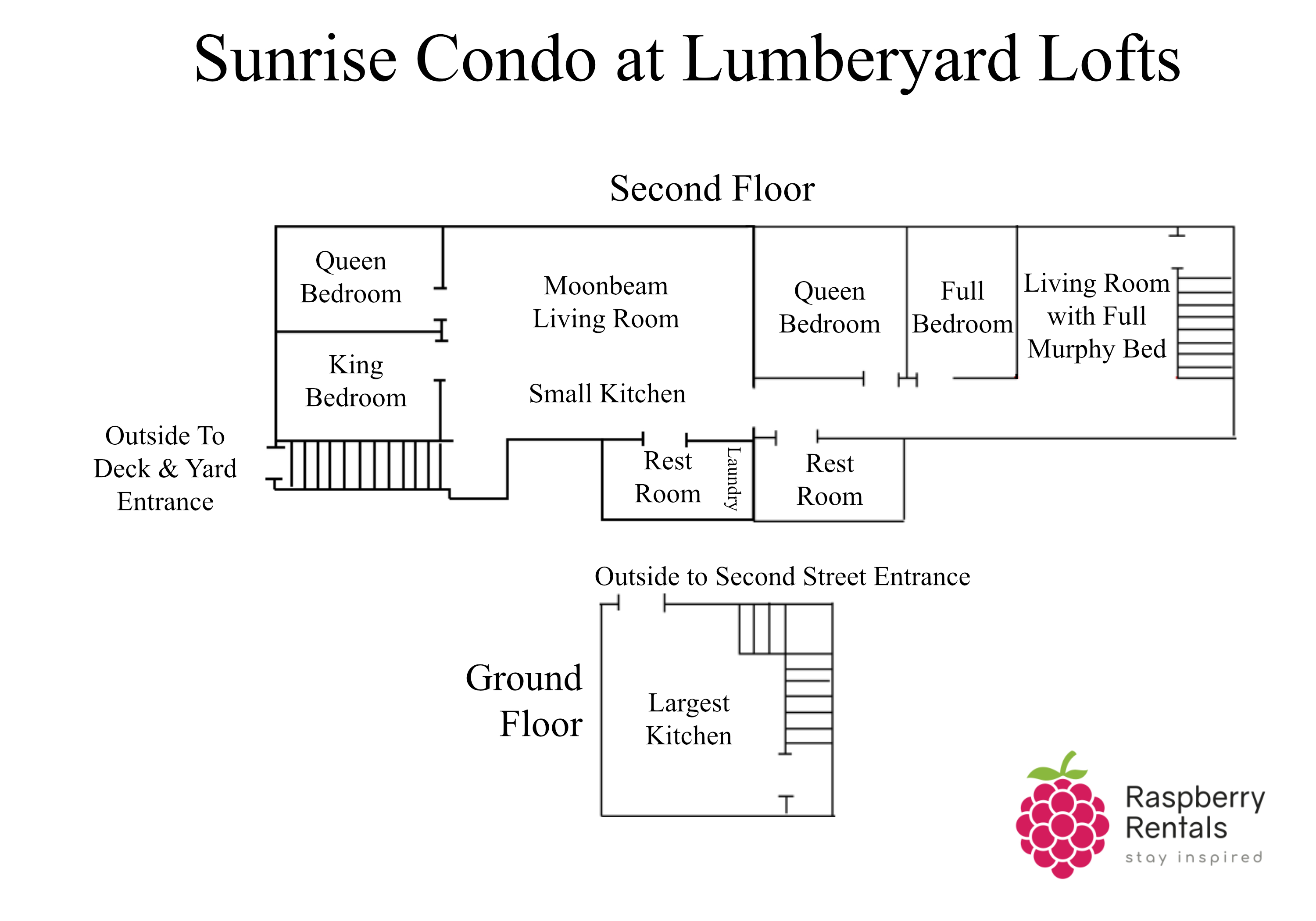 Floorplan to Sunrise Condo, with entry into a large kitchen, then upstairs to a living room with full Murphy bed, then full and queen bedrooms, two rest rooms and laundry, a smaller kitchen and larger living room, then queen and king bedrooms.