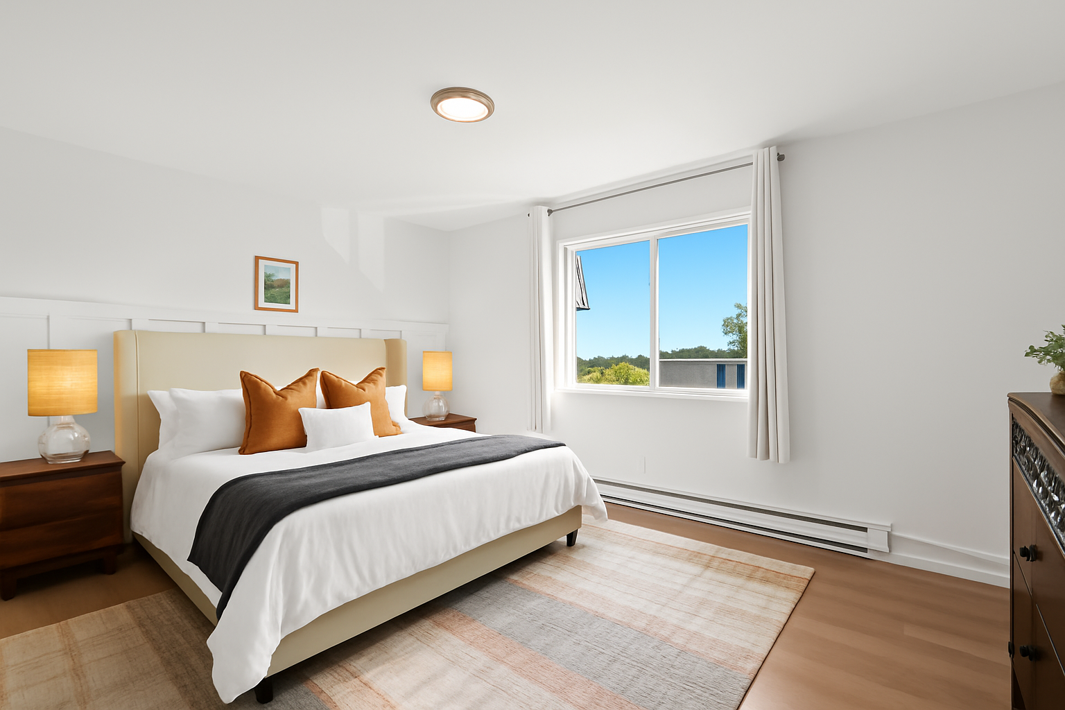 Experience comfort and style in this serene space with a king bed and a modern wood wall design.