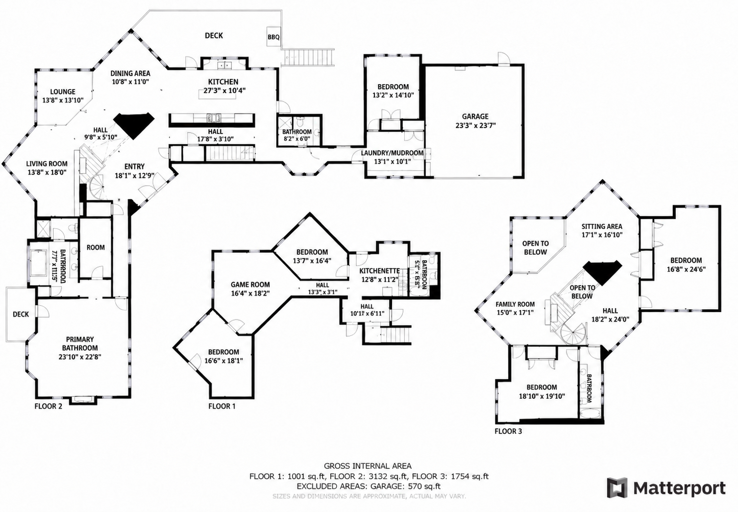 Detailed floor plans show how the bedrooms, bathrooms, and living areas are arranged across the lodge’s three levels. Helpful for planning who sleeps where before you arrive.