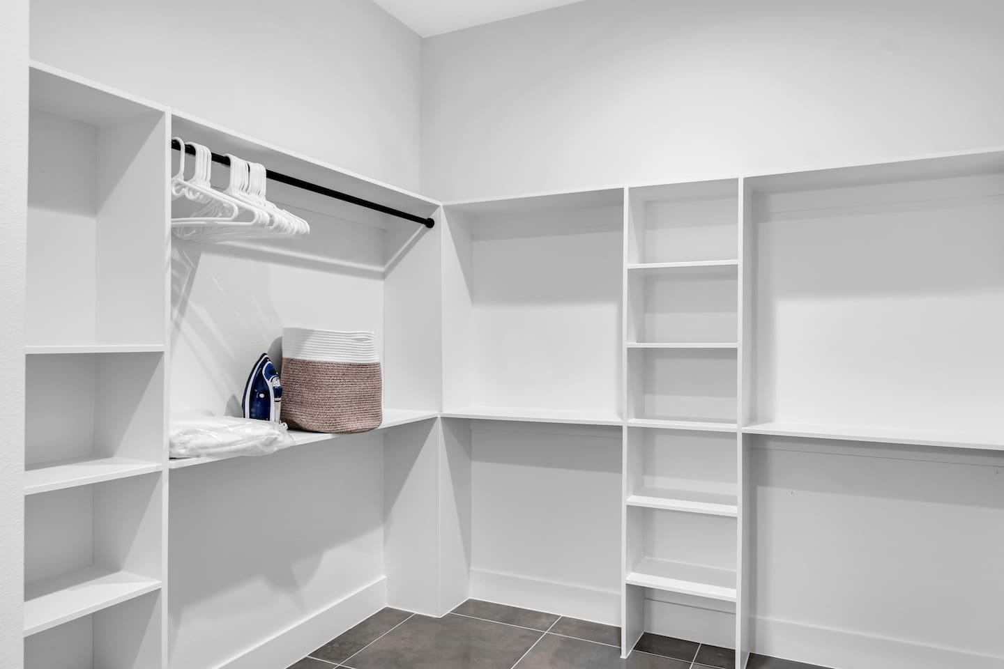 Ample storage with a full walk-in closet and hangers ready for extended stays.