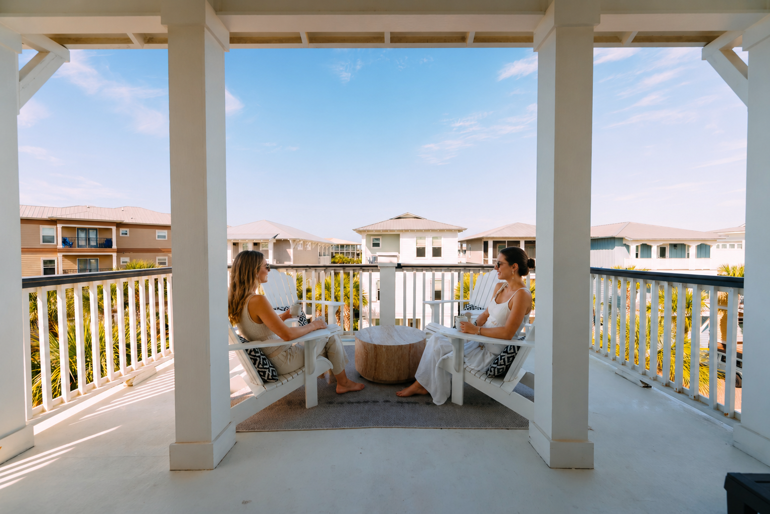 Enjoy morning coffee or sunset drinks on your private balcony with peaceful views of the charming beachside neighborhood. 