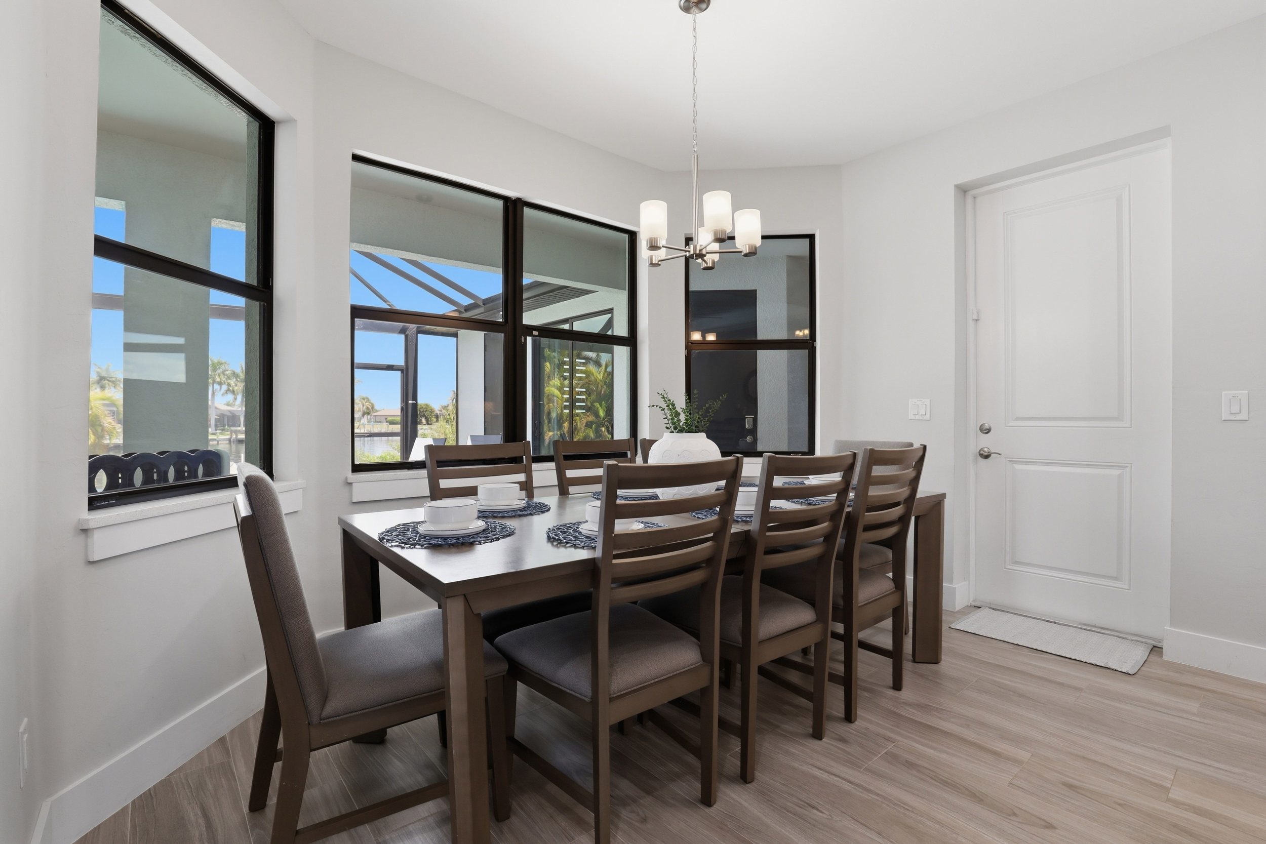 Dining room with a water view