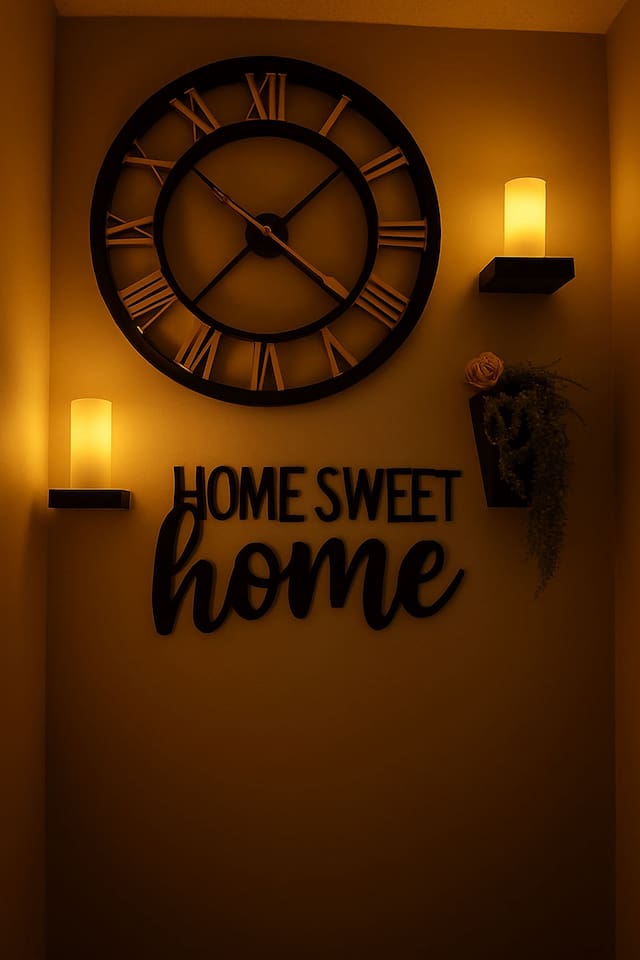 Decorative wall clock and soft candlelight add warmth and a welcoming glow to the hallway space.