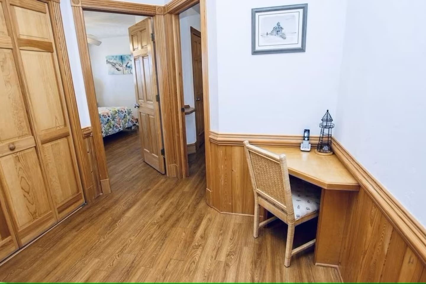 Corner nook with a chair and a small table.
