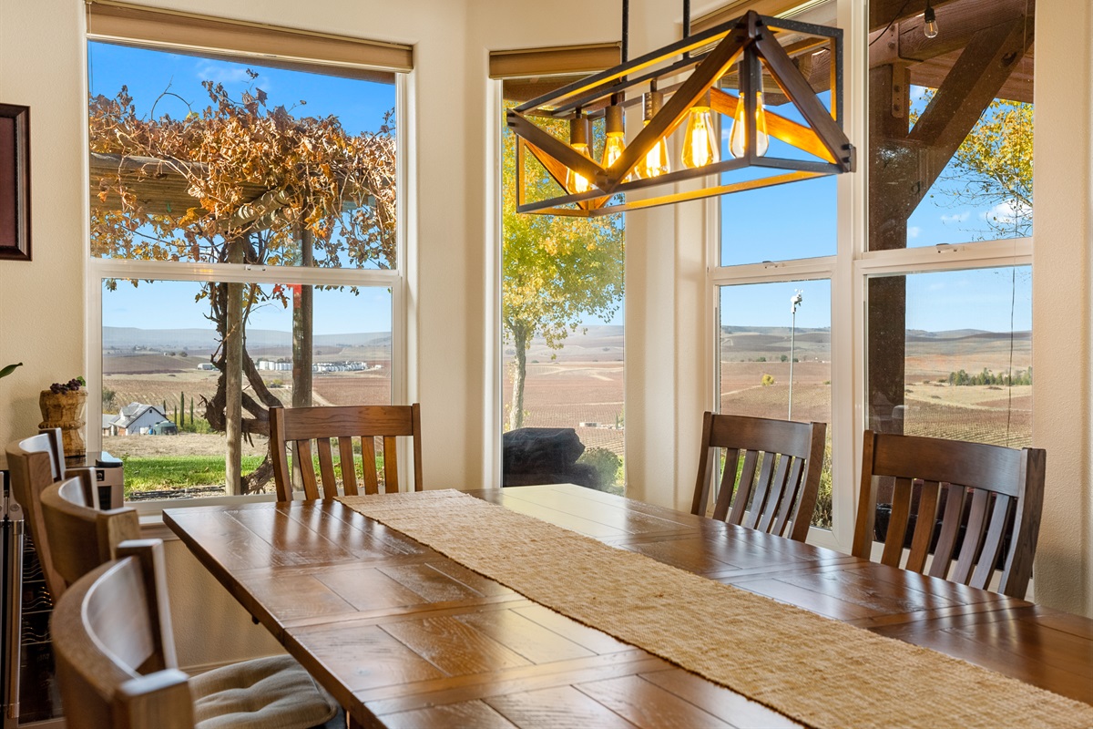 Dining table seats 8 comfortably.