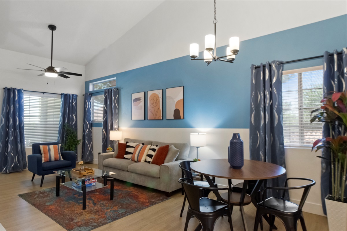 Featuring plush seating, tasteful decor, a large Smart TV, and high-speed Wi-Fi, this spacious area is perfect for relaxing, entertaining, or working remotely.