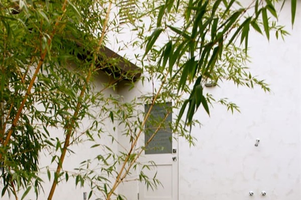 Outdoor shower with bathroom leading inside