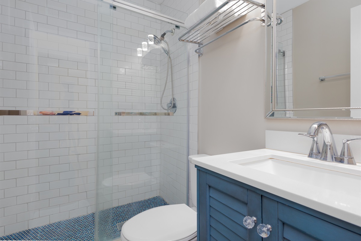 Clean and bright bathroom with vanity