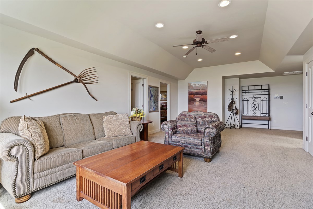 Comfortable upstairs gathering space for movies and games