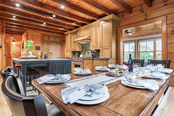 Dining table has two benches and two chairs to sit 10 guests.