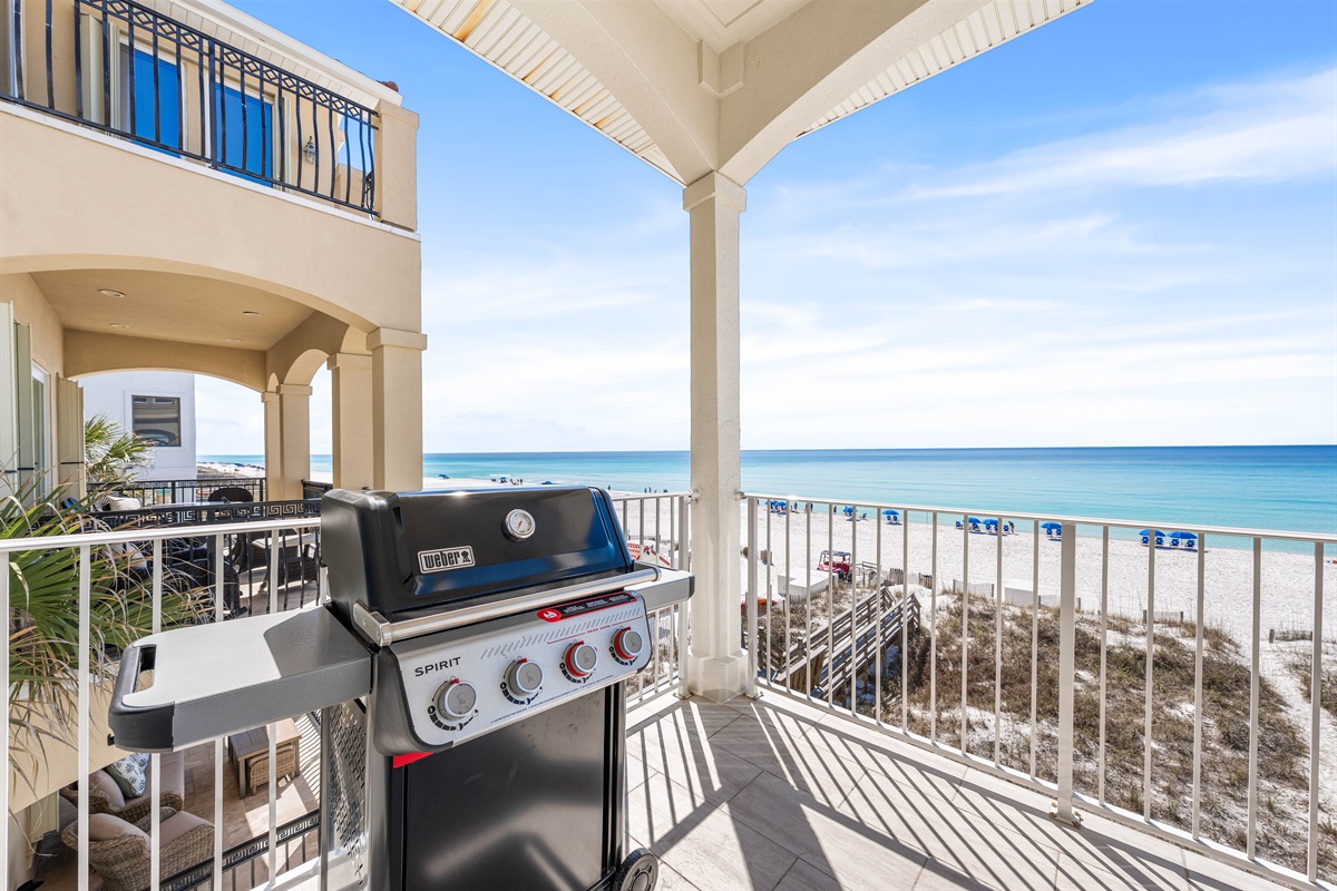 Gulf-front Grilling on Your Private Second Floor Balcony: Enjoy sunset BBQs over the sand with a natural gas grill and outdoor dining area. Catch the breeze and the views while hosting the ultimate beachfront dinner.