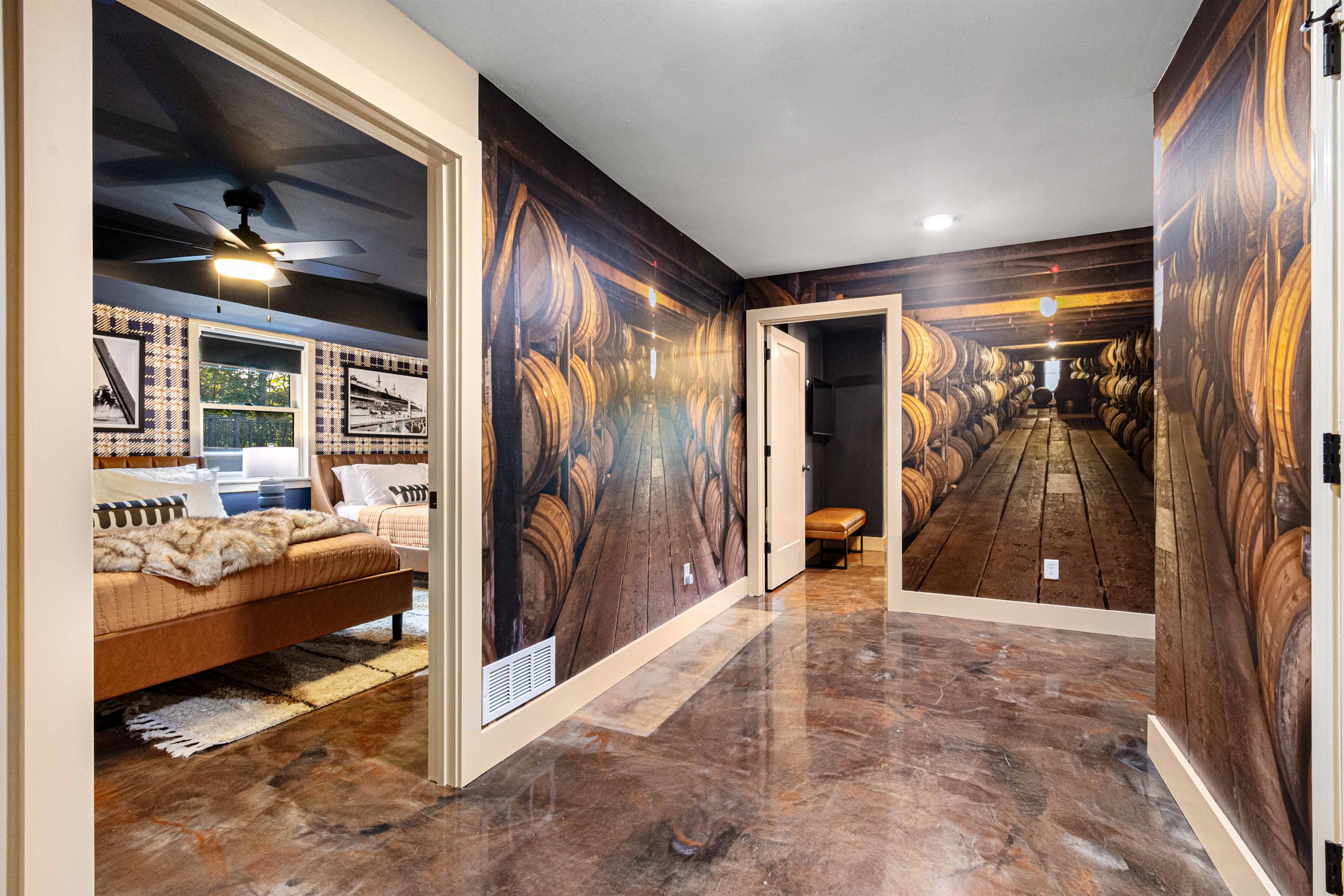 The minute you step downstairs, you'll have the feel of being in a distillery leading to the poker room and lounge area
