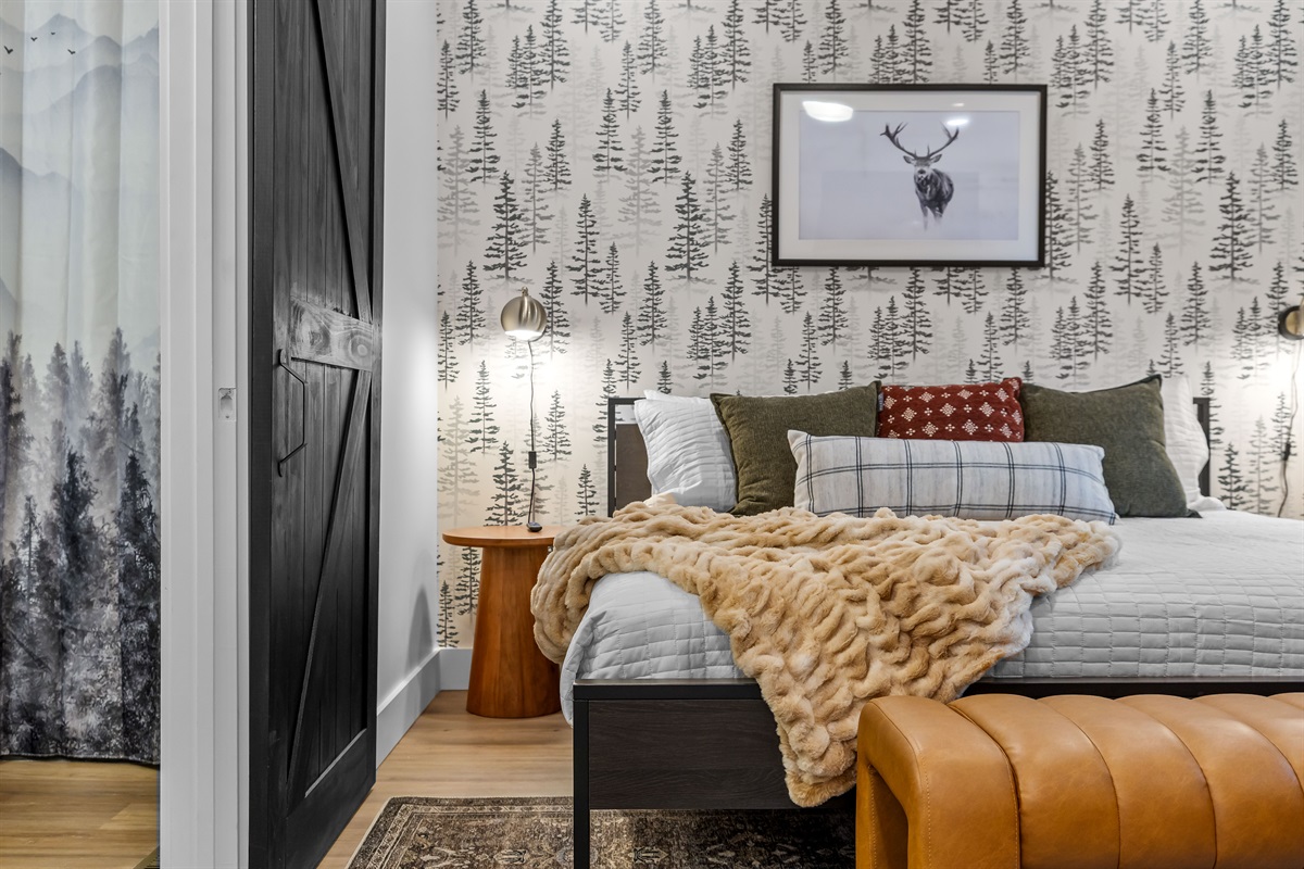 Main level King Suite with dreamy forest vibes