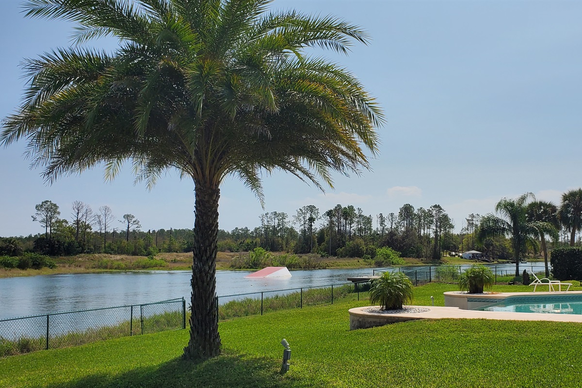 View of lake and ski jump from backyard