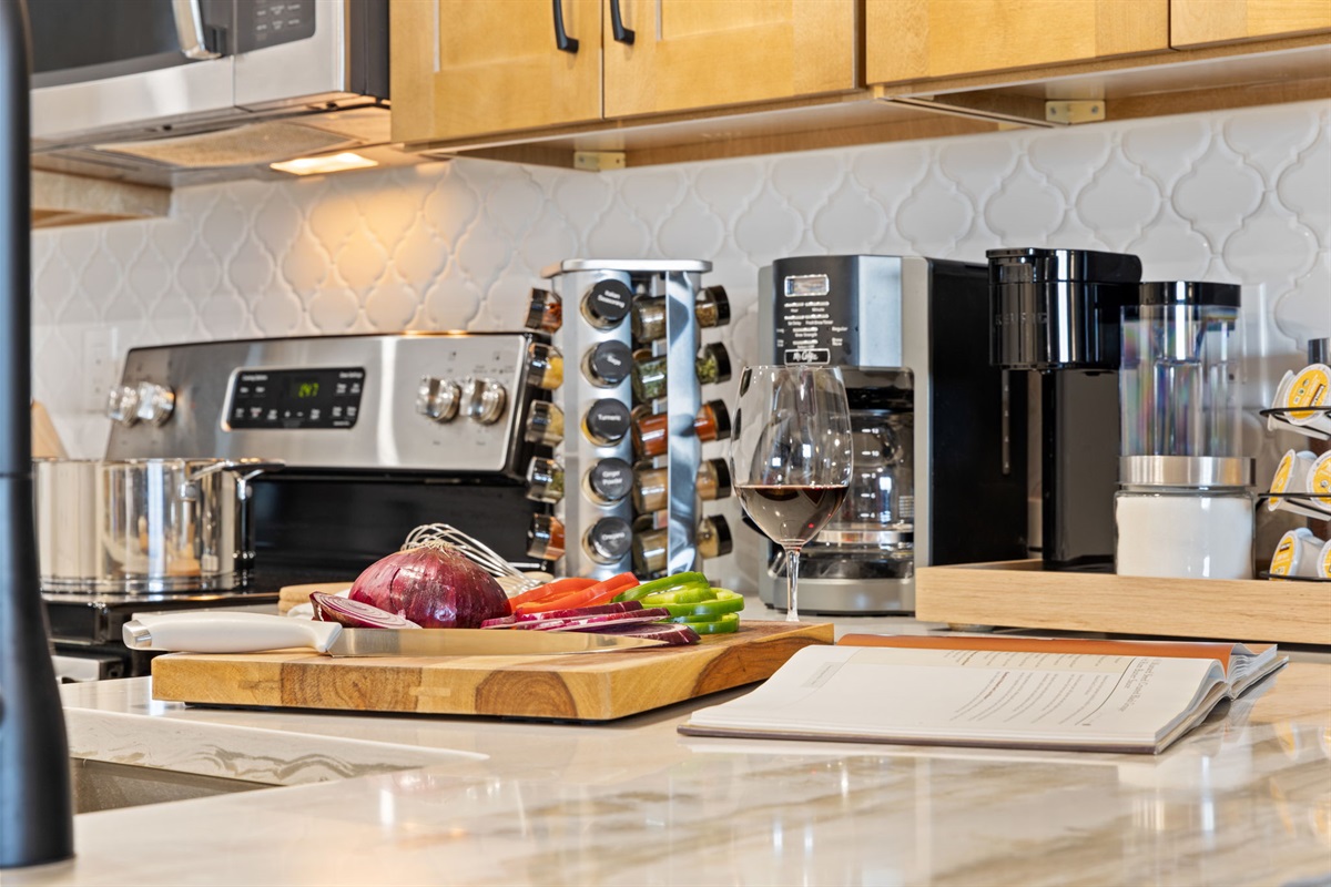 Fully stocked remodeled kitchen.