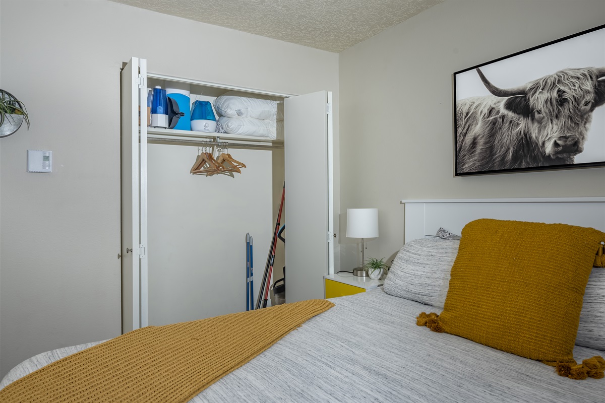 Spacious king bedroom with ample closet storage for easy organization.
