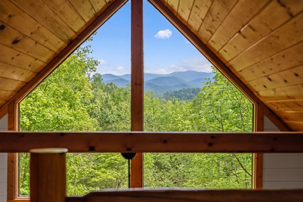 Framed southern views of Mt. Le Conte through the cabin's A-frame windows - nature at your doorsteps