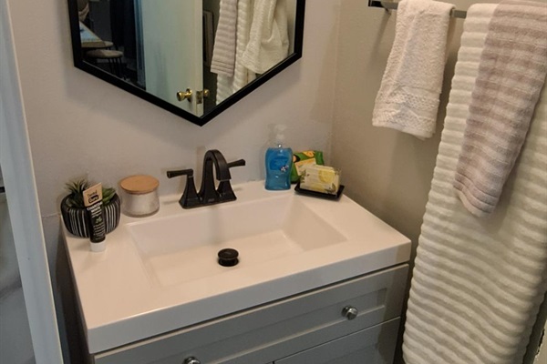 Spa-like bathroom with deluxe amenities and tub