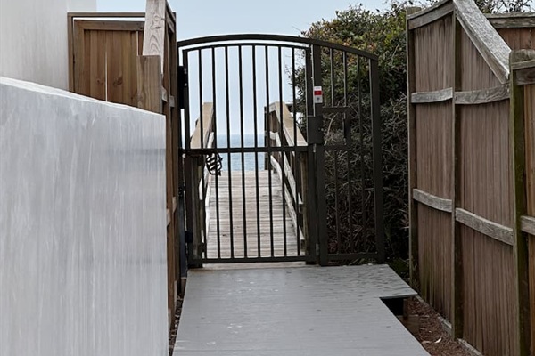 Private deeded beach access stairs, public beach is located to the east & west at the base of the stairs. Estimated walking time is a few minutes, approximately .1 and .2 miles. You can also buy a beach setup from the vendor at the bottom of the stairs.