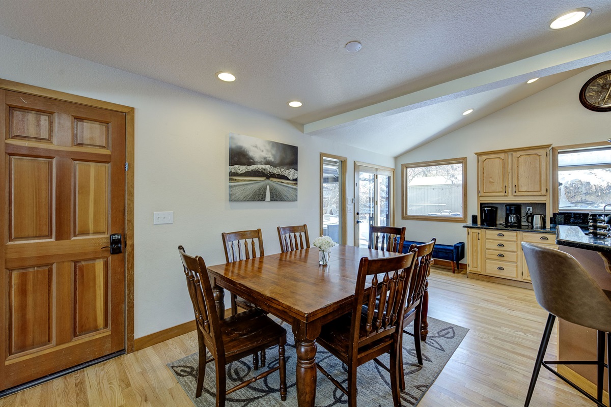 The kitchen table has 6 chairs for friends and family to gather around with more seating available on the bench or at the bar. Making this the perfect place for you to create memorable moments with those you love.