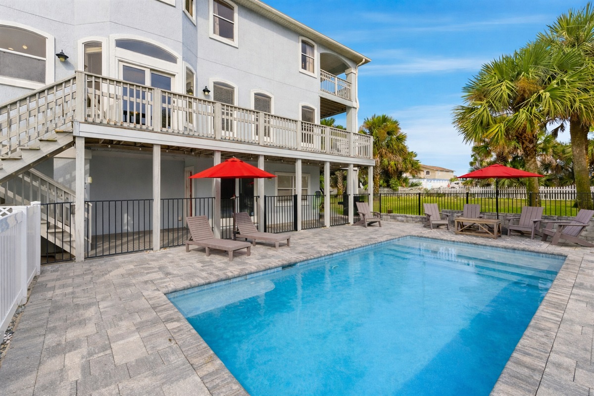 Large wrap around deck with stairs to pool