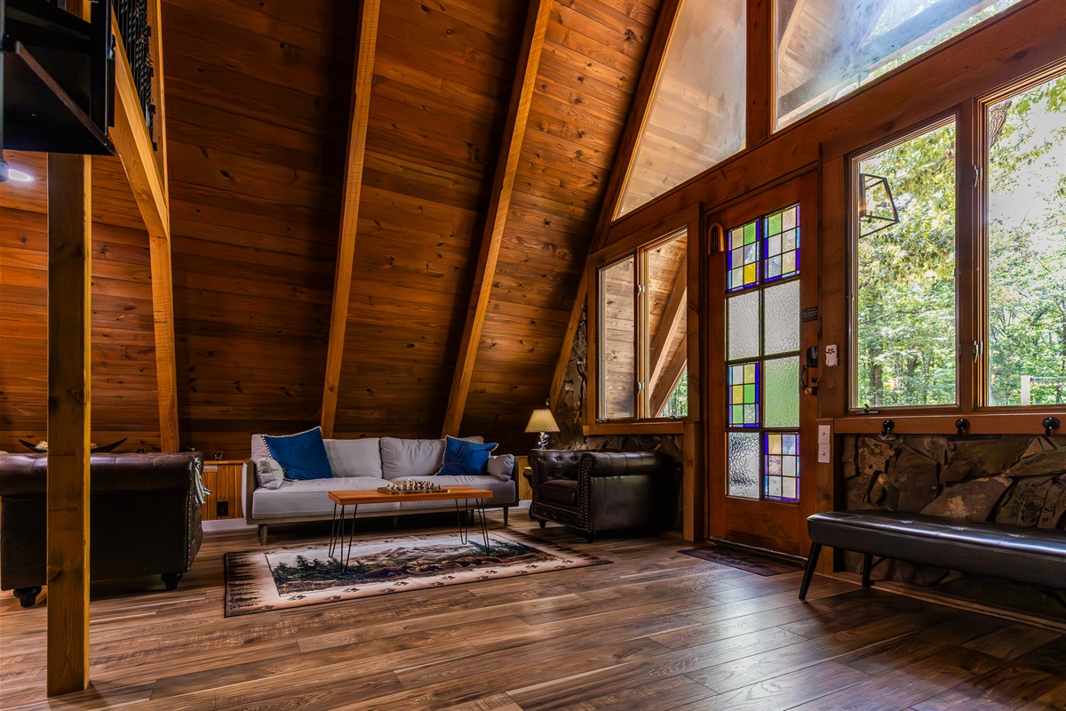 Step into Bearadise A-Frame’s living room via convenient keyless entry.