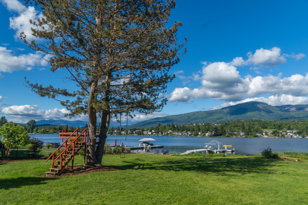 Spacious lakeside yard with a playful tree fort, ideal for outdoor fun, relaxation, and family memories.
