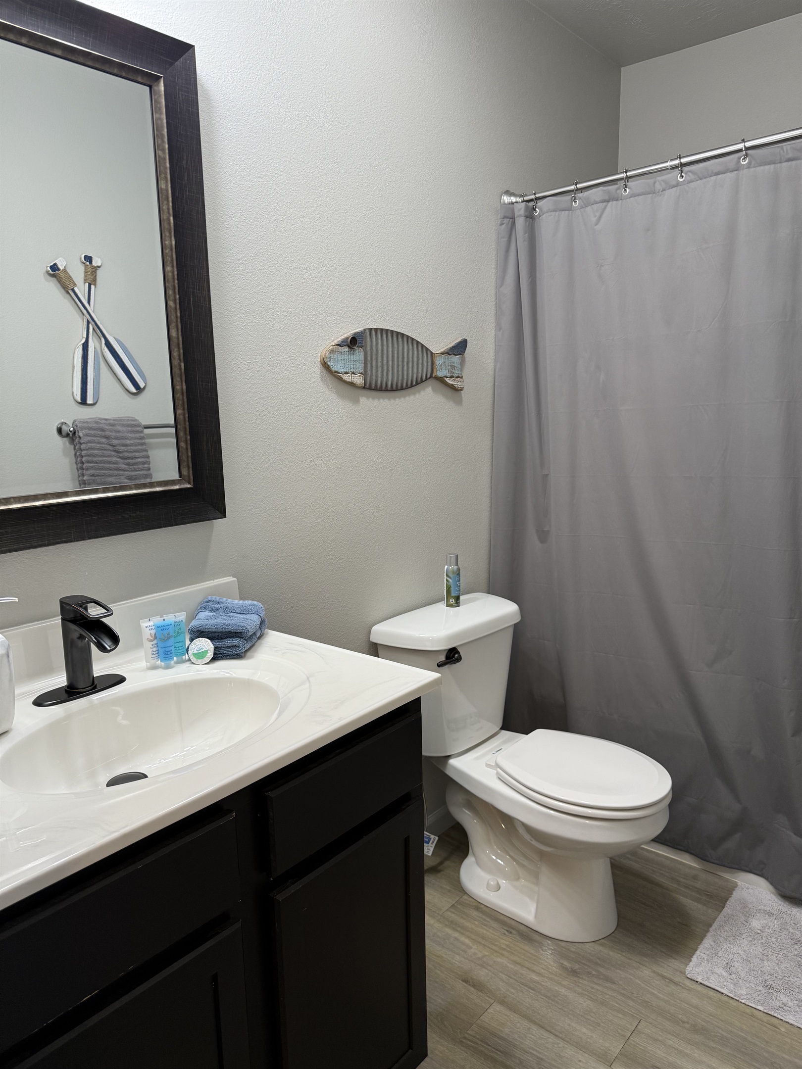 Master Bathroom, starter toiletries and hair dryer