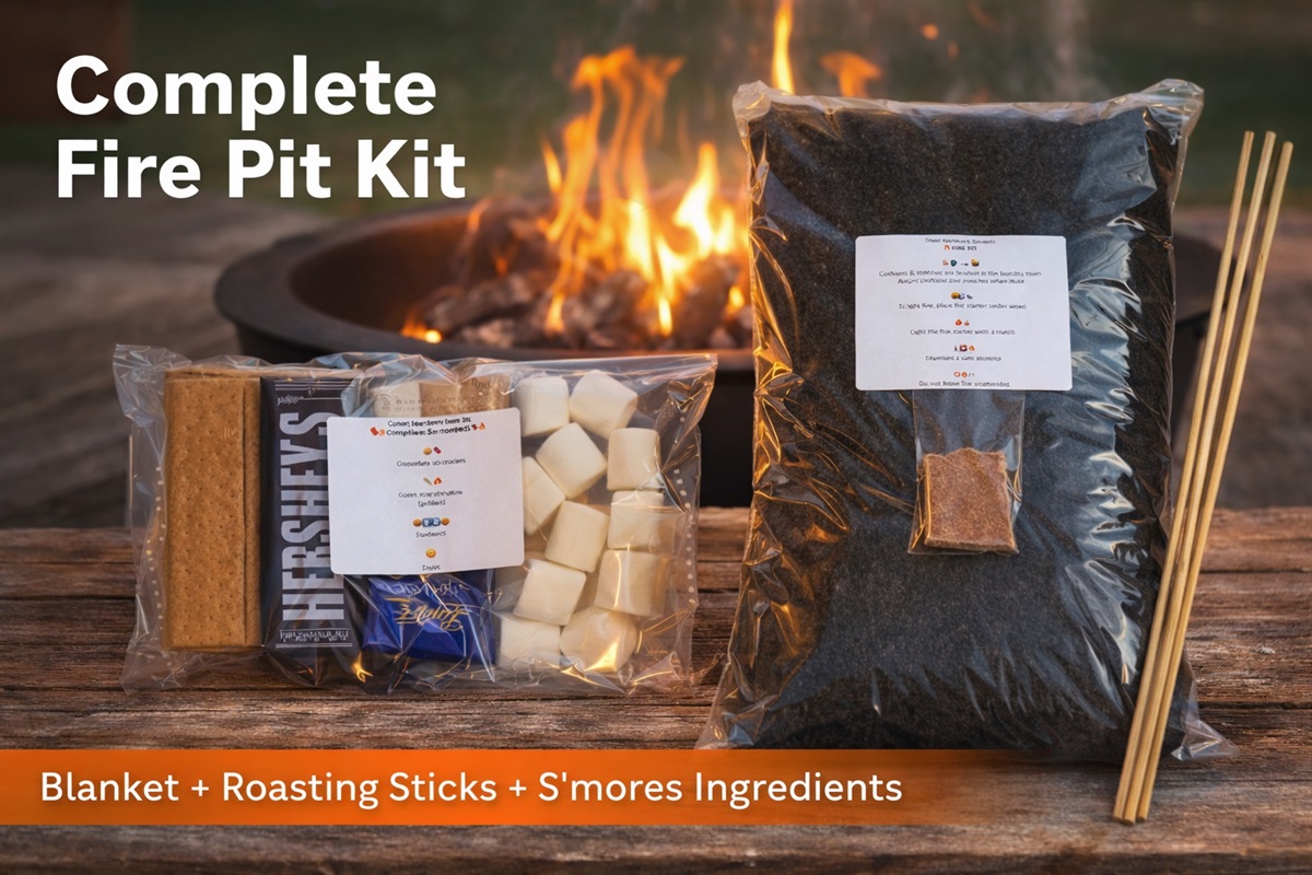 Fire Pit Experience Kit (Optional Add-On)
Includes wool blanket, extra-long roasting sticks, and s’mores ingredients.