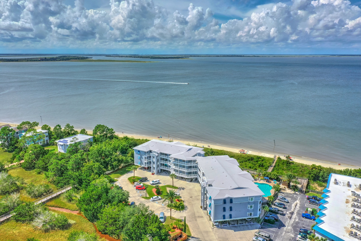 Aerial view of the condo building and coastline