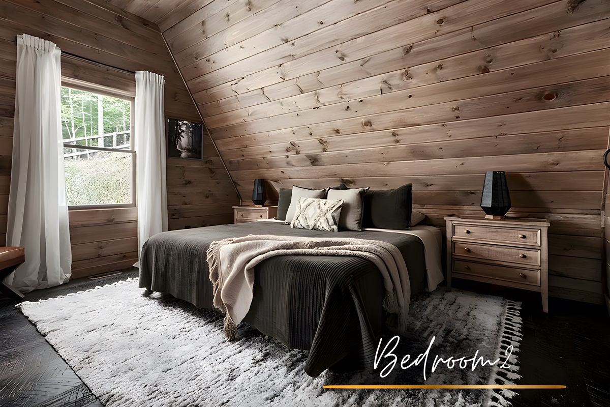 King bed draped in greens and creams, a soft, calming nest for deep, uninterrupted sleep.