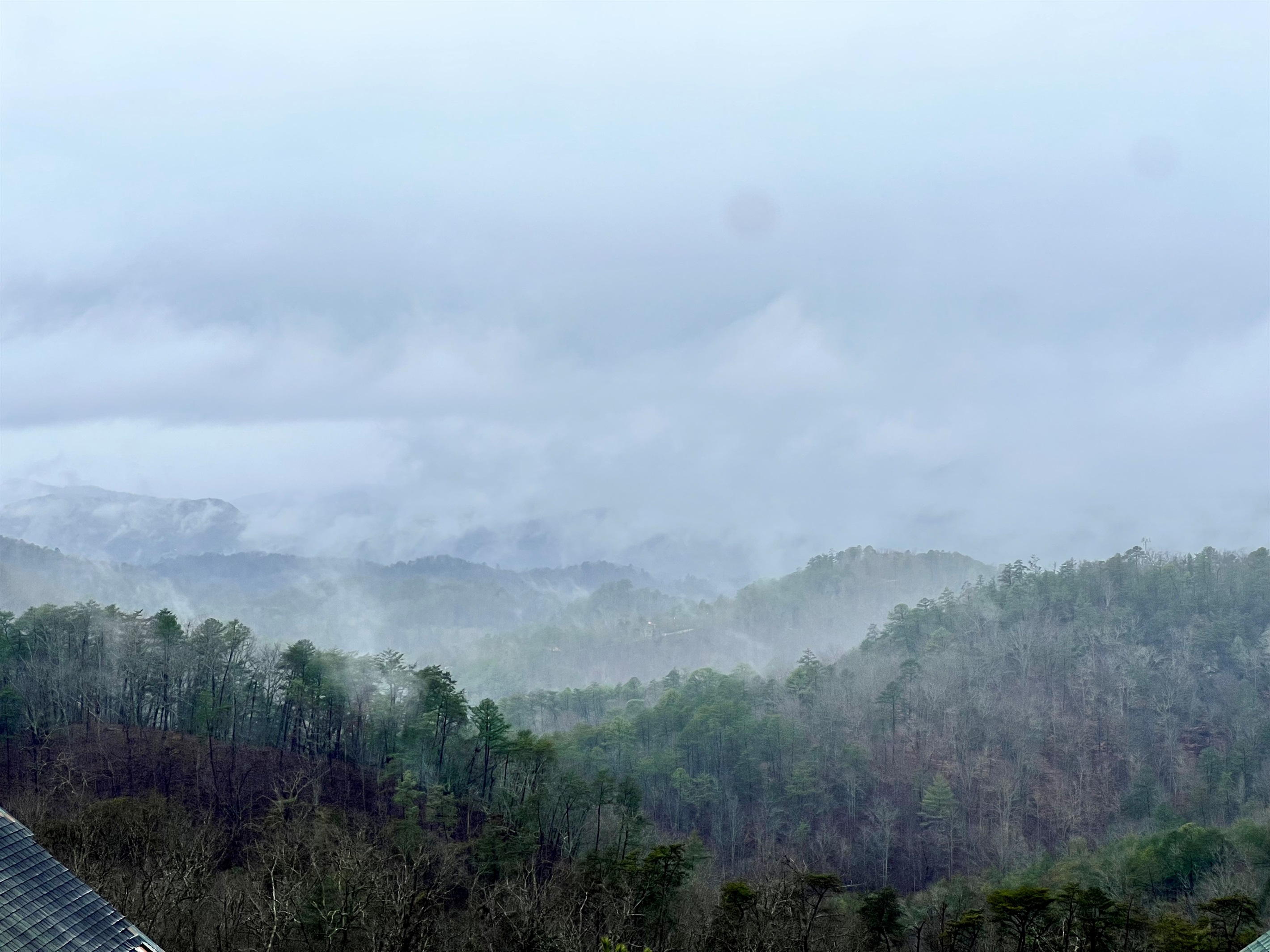 The Smokey Mountain View from the deck on a rainy day.