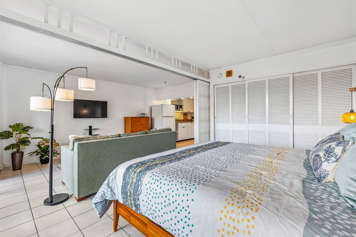 Main bedroom area with open floor plan.  Use the shoji sliding door to create private space in main bedroom area with King bed