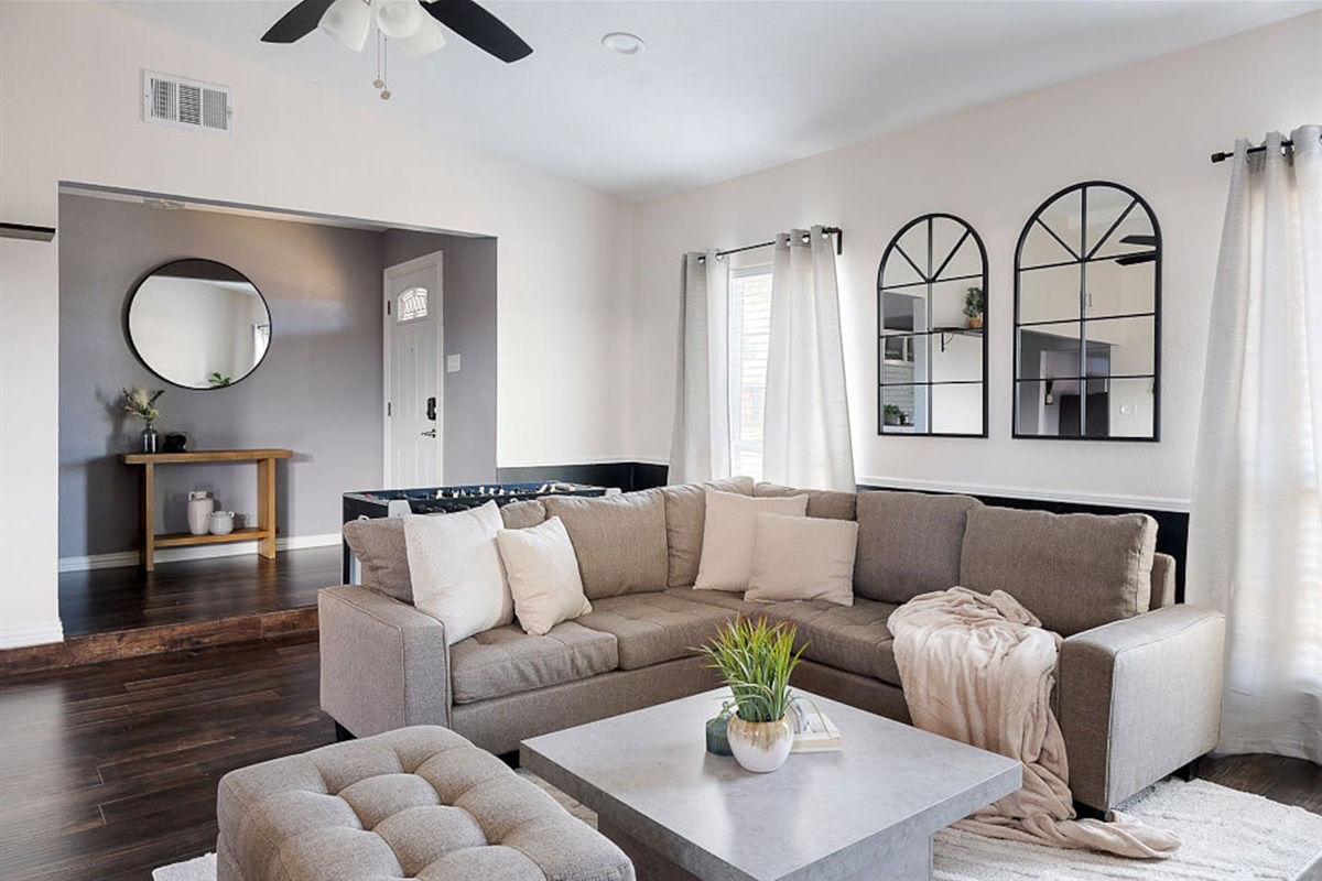 Find relaxation on the comfortable couch next to the 65" HDTV with a myriad of streaming options for your enjoyment