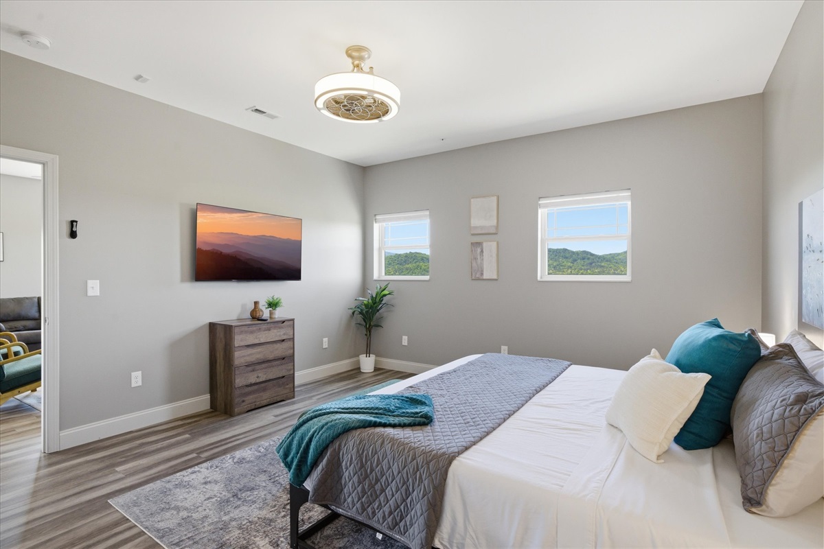 Clean lines, cooler hues, and a comfortable king bed to bring it all together. It’s simple, intentional, and made for real rest.